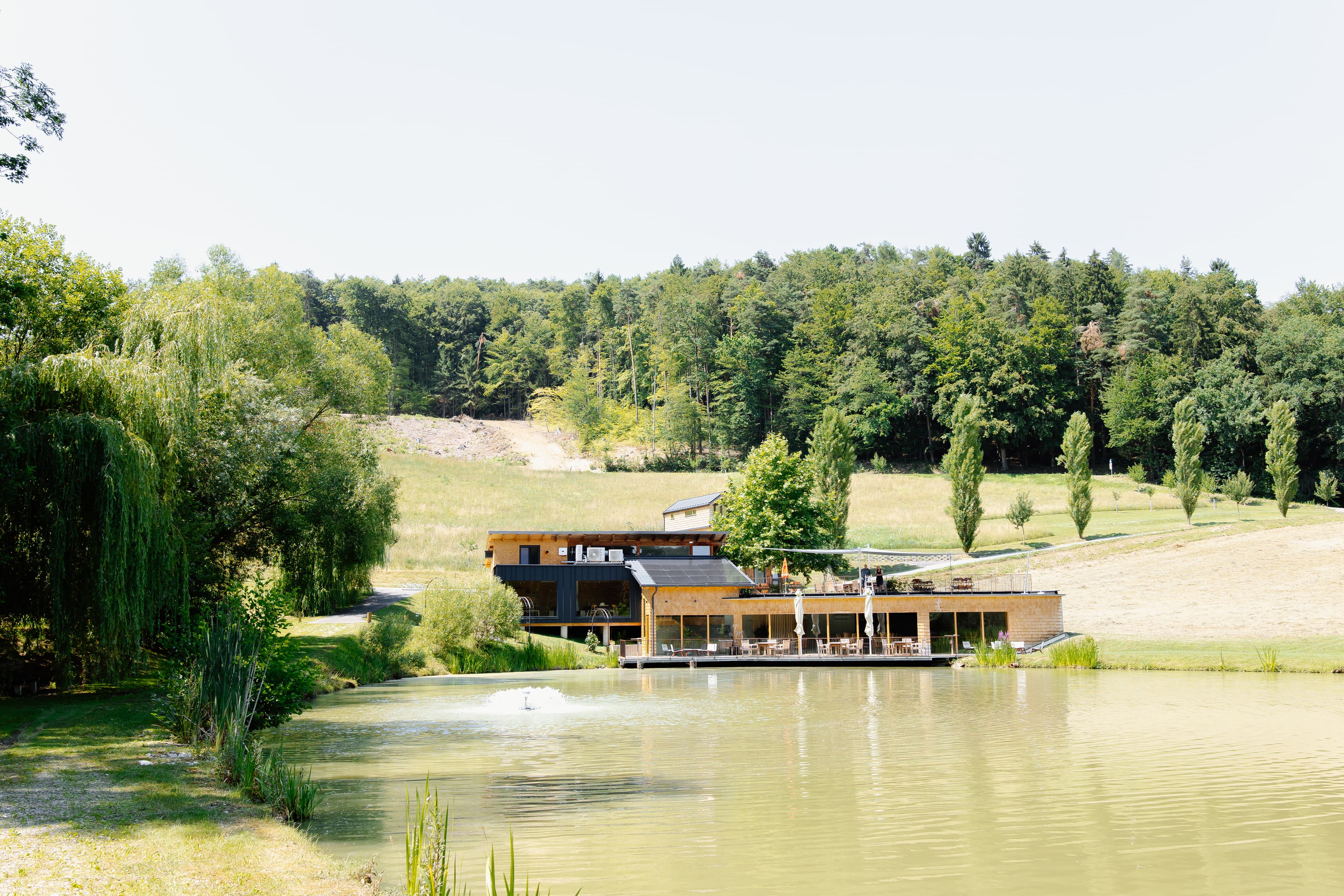 Chalet am Teich mit Hügellandschaft und Wald